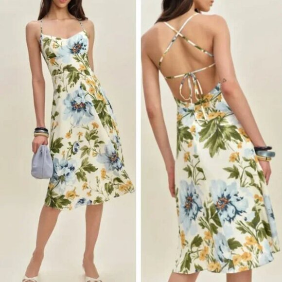 Reformation Suzy Mido Dress - Botanist Ivory Green Floral Backless Vacation - Picture 1 of 11